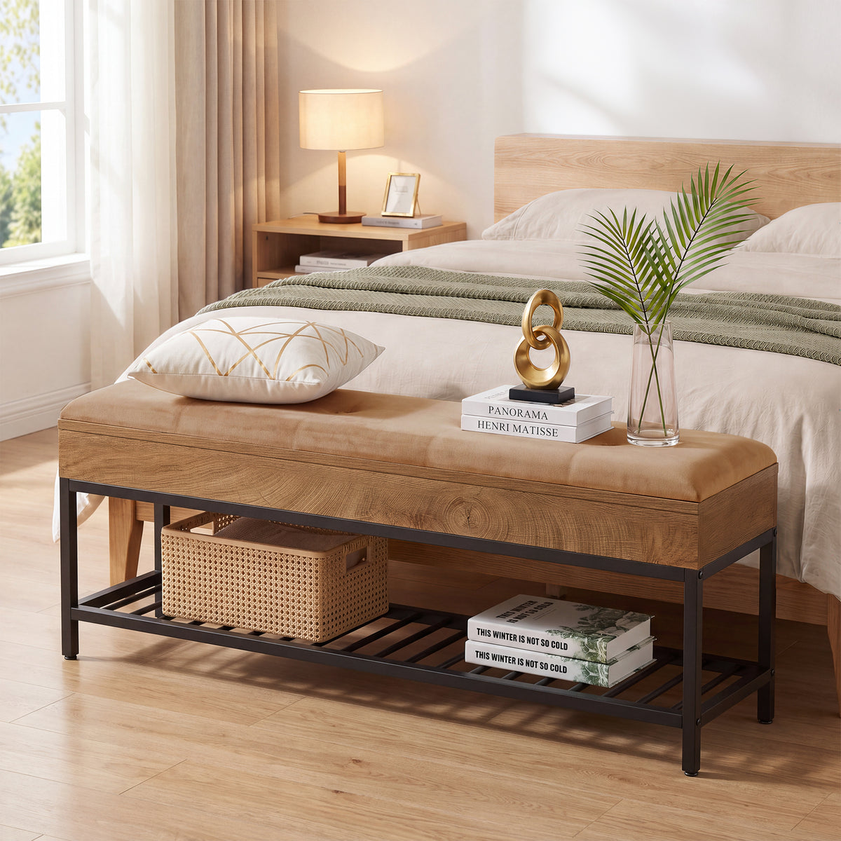 55" Shoe Bench with Cushion, 2-Tier Entryway Bench with Metal Frame