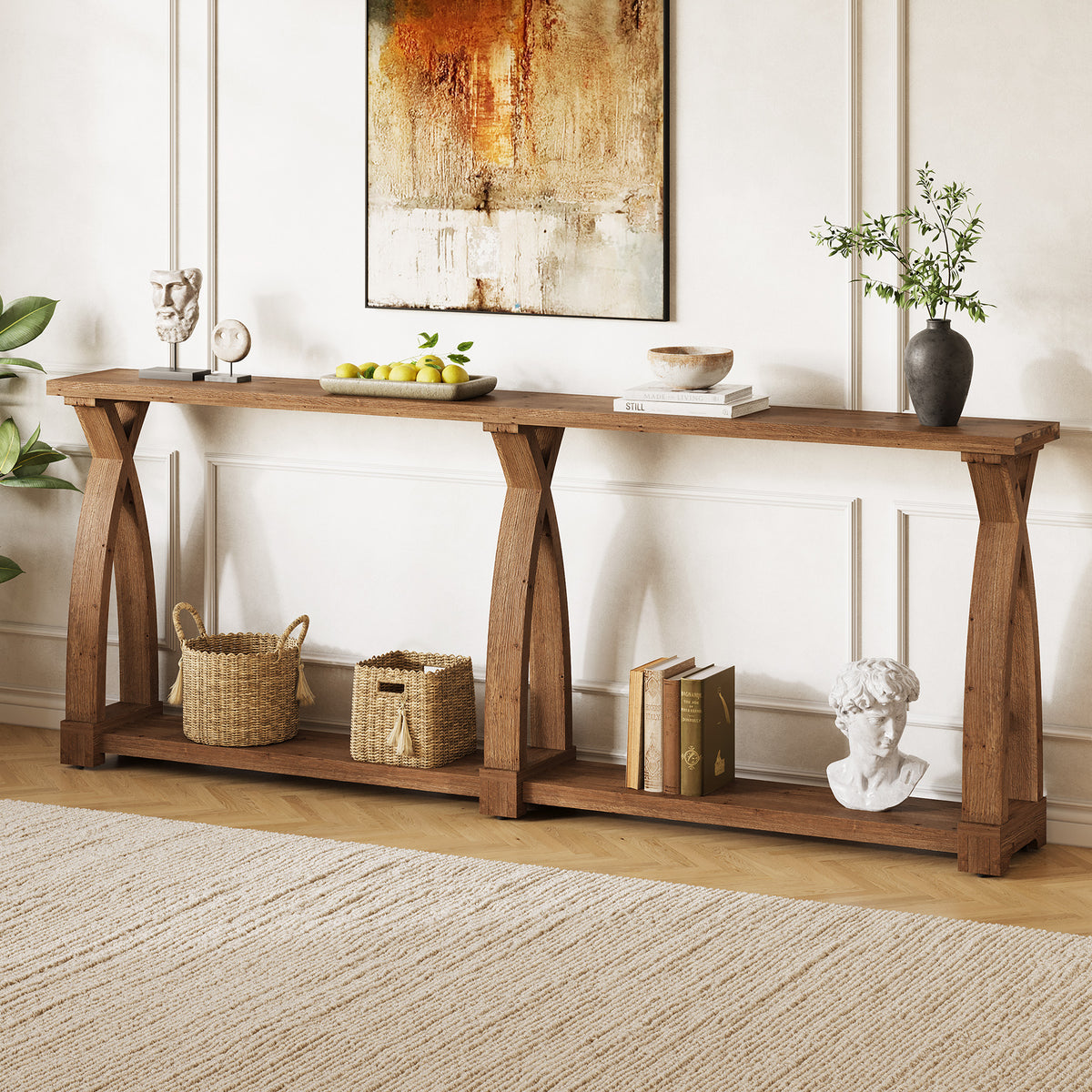79" Solid Wood Console Table, Narrow 2-Tier Entryway Table with Shelf