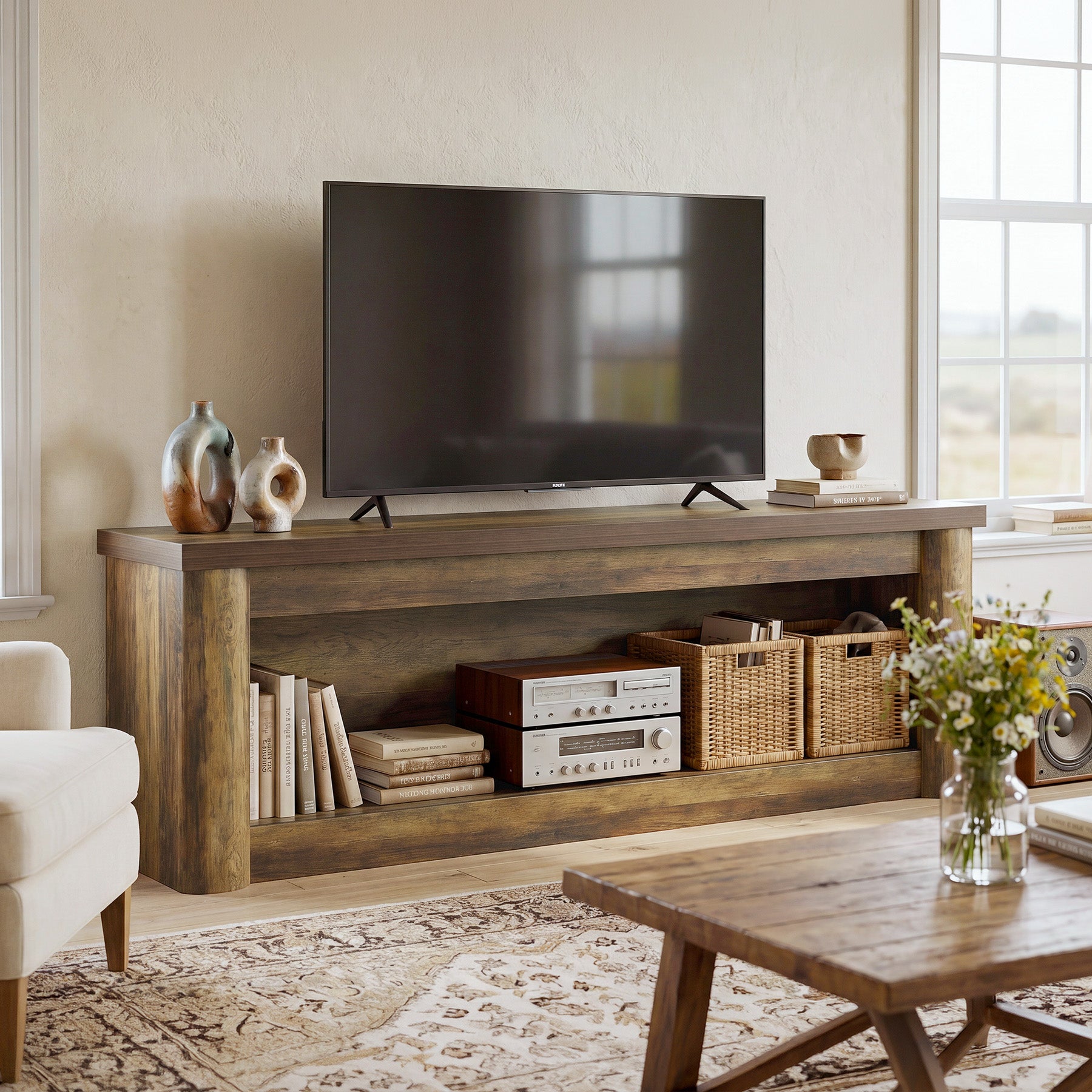 63" TV Stand for TVs up to 75", Entertainment Center with Open Storage for Living Room