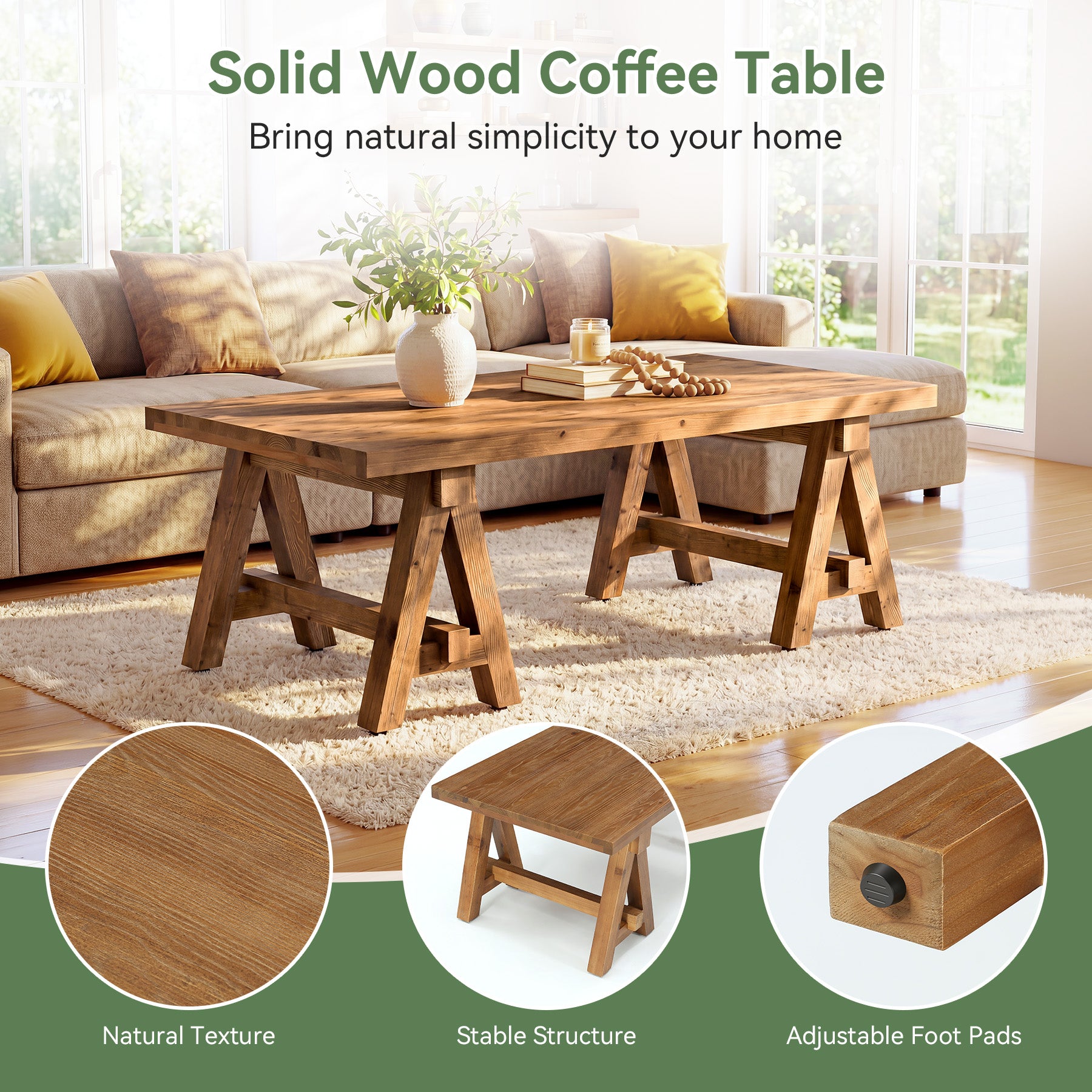 Solid Wood Coffee Table, 47" Farmhouse Center Table with Trestle Base for Living Room