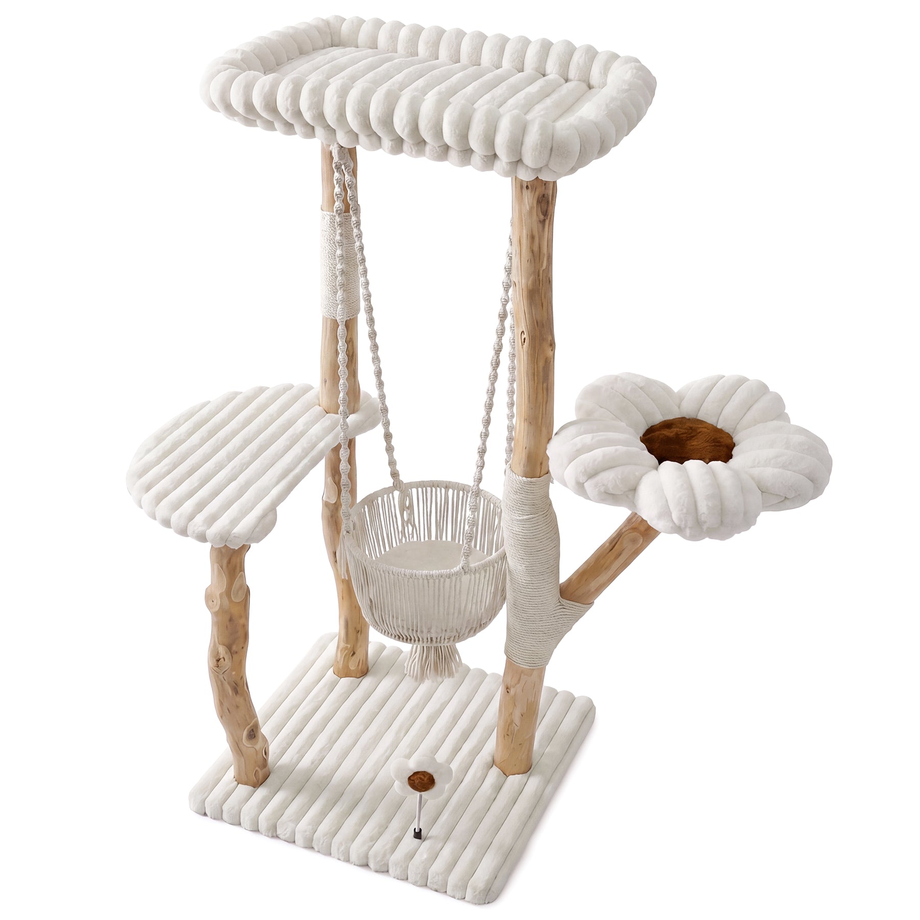 55" Solid Wood Cat Tree with Scratching Posts, Cat Tower with Swinging Basket, Washable Cushion, Dangling Toy