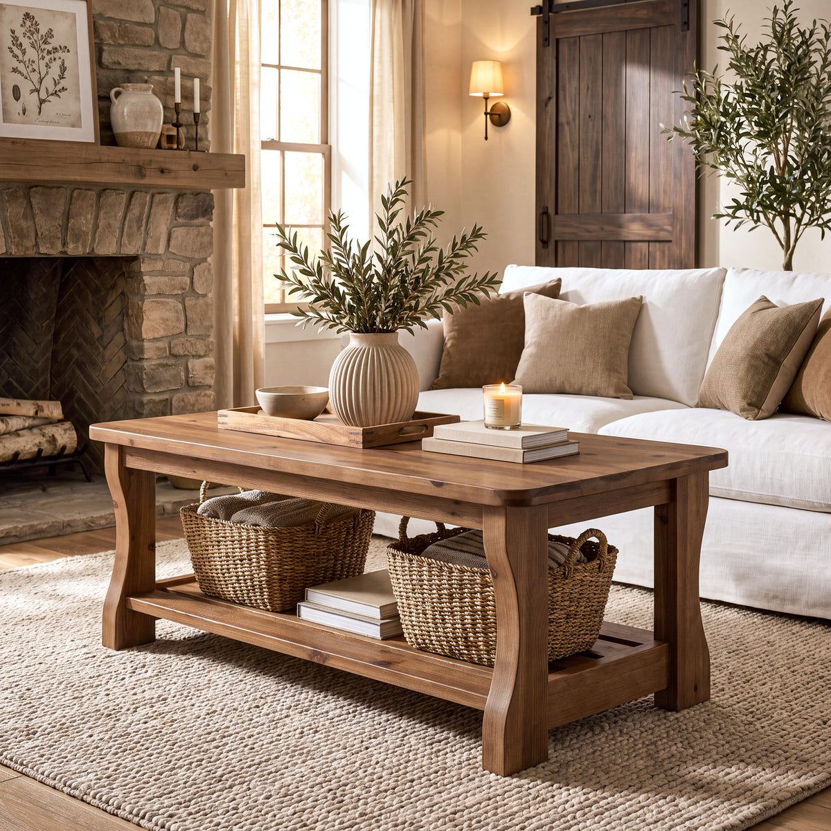 47" Modern Solid Wood Coffee Table, Rectangle 2-Tier Storage Shelf, Center Table, Living Room