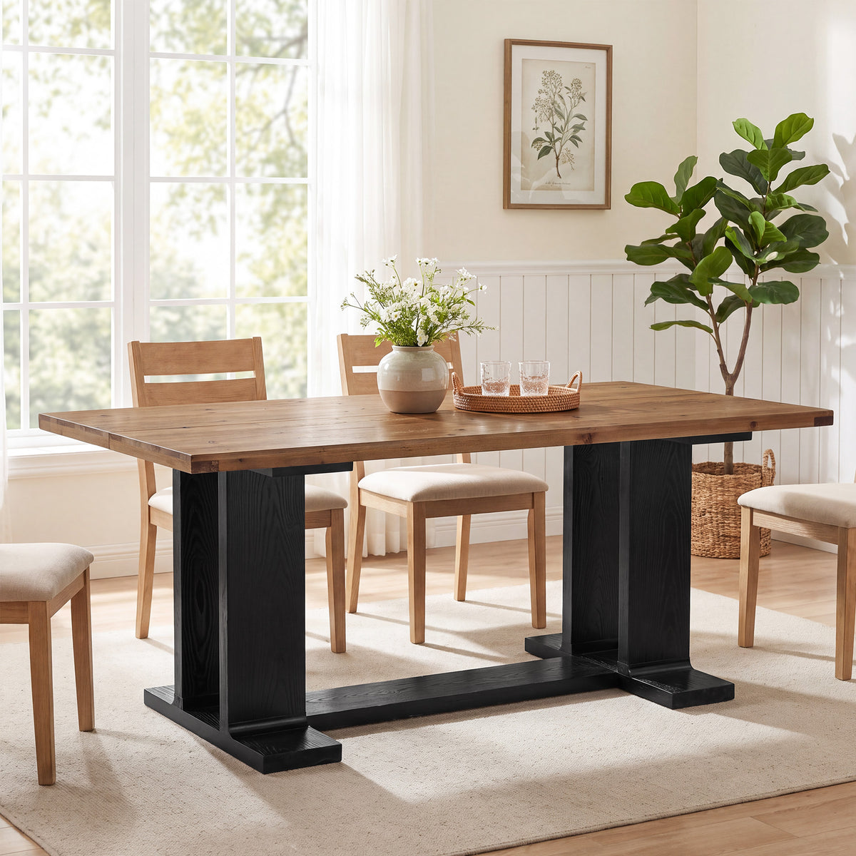 63" Farmhouse Solid Wood Dining Table for 4-6, Rectangular Kitchen Table