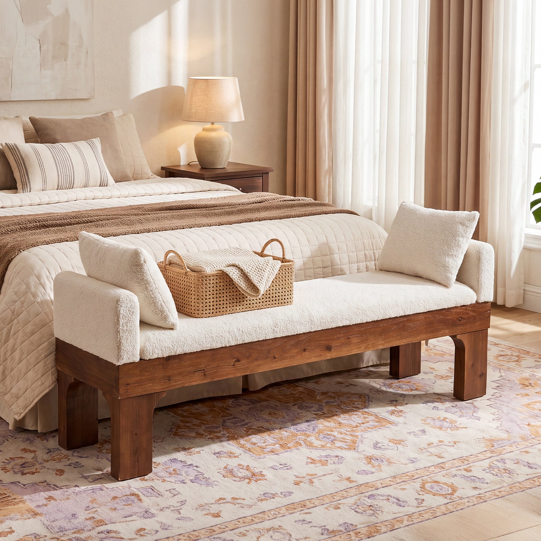 63" Upholstered End of Bed Bench, Boucle Bedroom Bench King Size with Solid Wood Frame