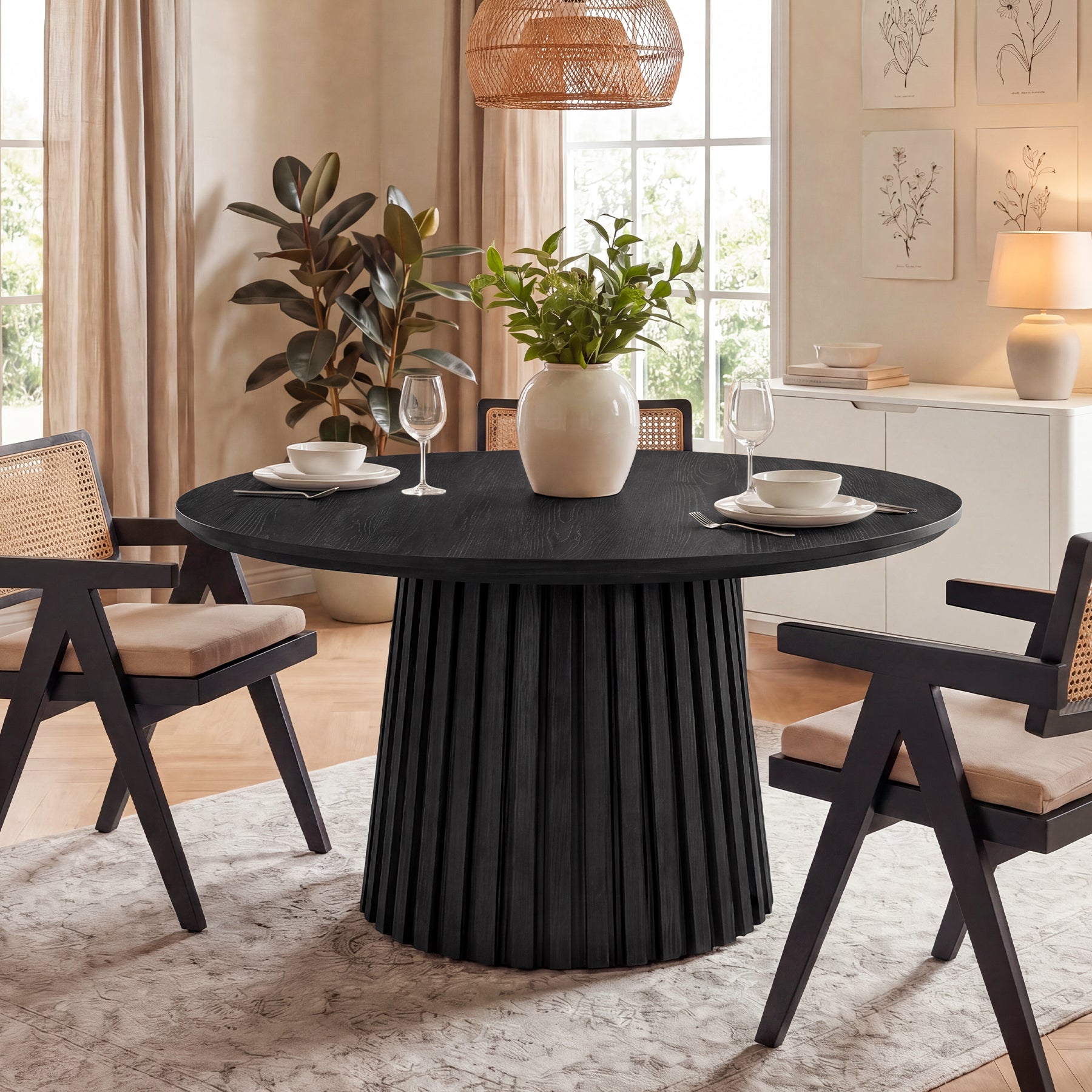 47.3-Inch Solid Wood Round Dining Table, Fluted Base Table for 4-6 People Dining Room