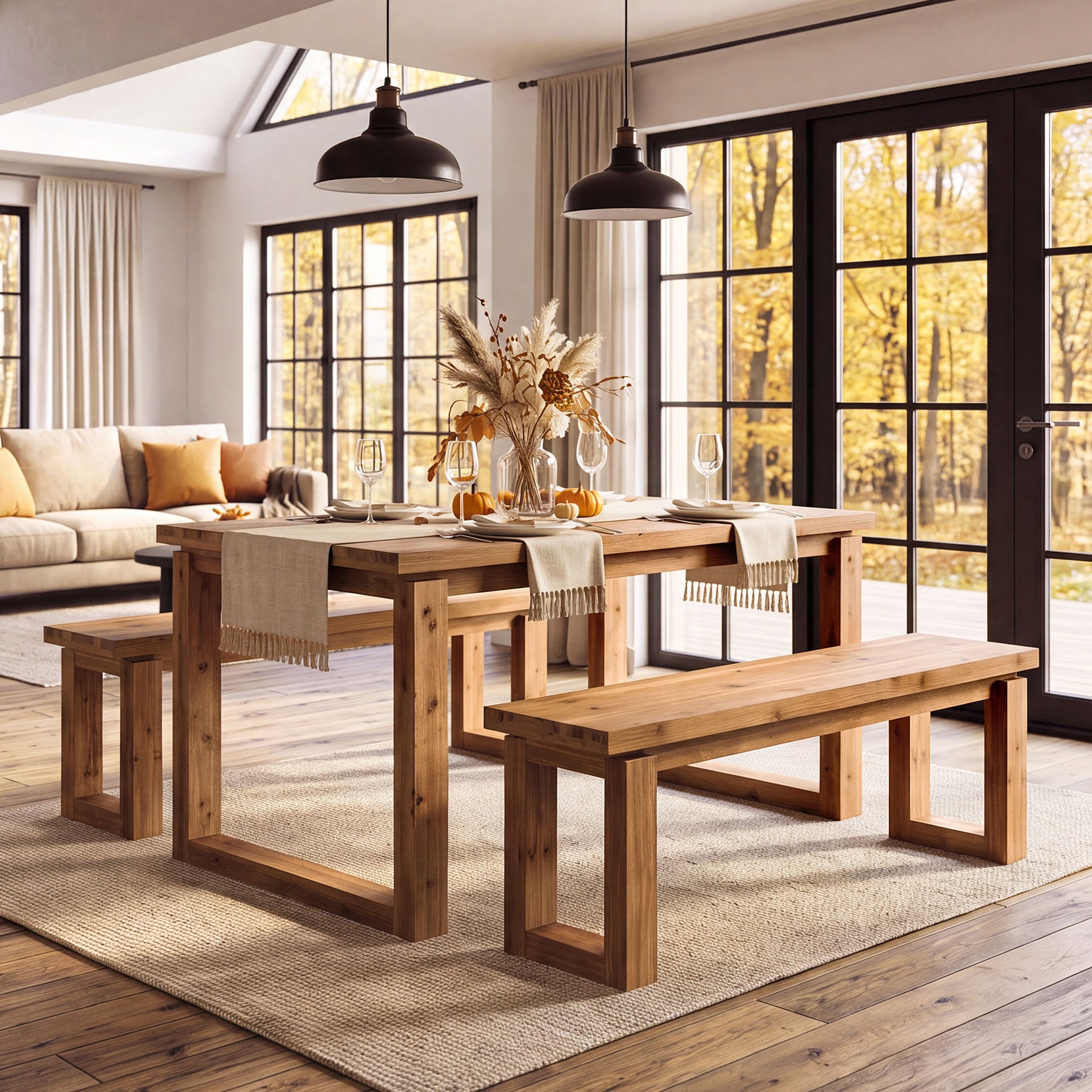 3-Piece Solid Wood Dining Table Set, Rectangular Kitchen Table with 2 Benches