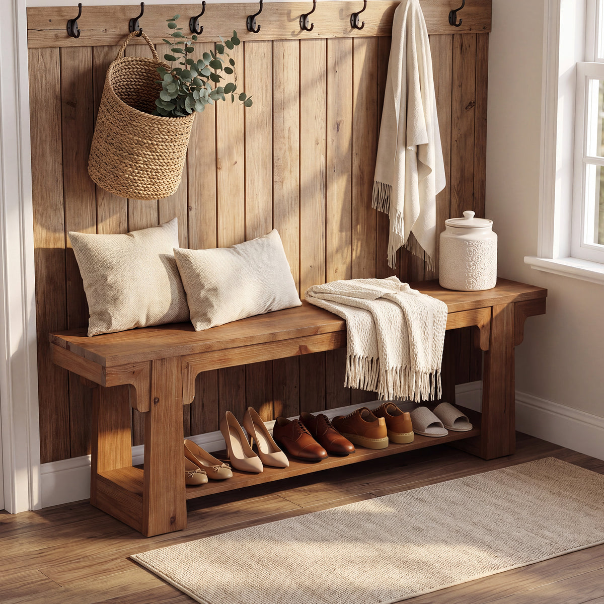 63" Natural Solid Wood Entryway Bench, 2-Tier Open Shoe Storage, Hallway