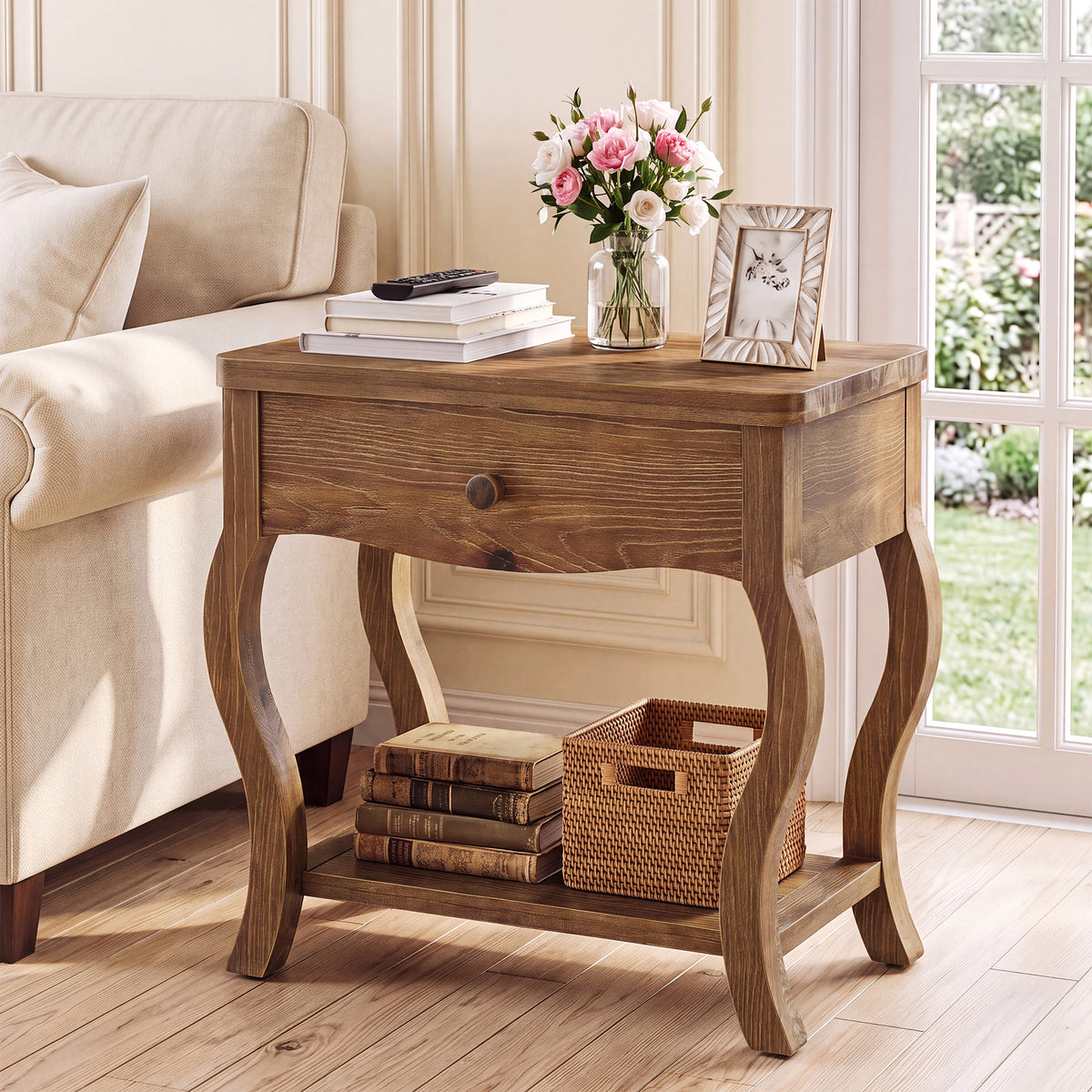 Rustic Solid Wood End Table with Drawer, 24"W Tall Side Table, Living Room