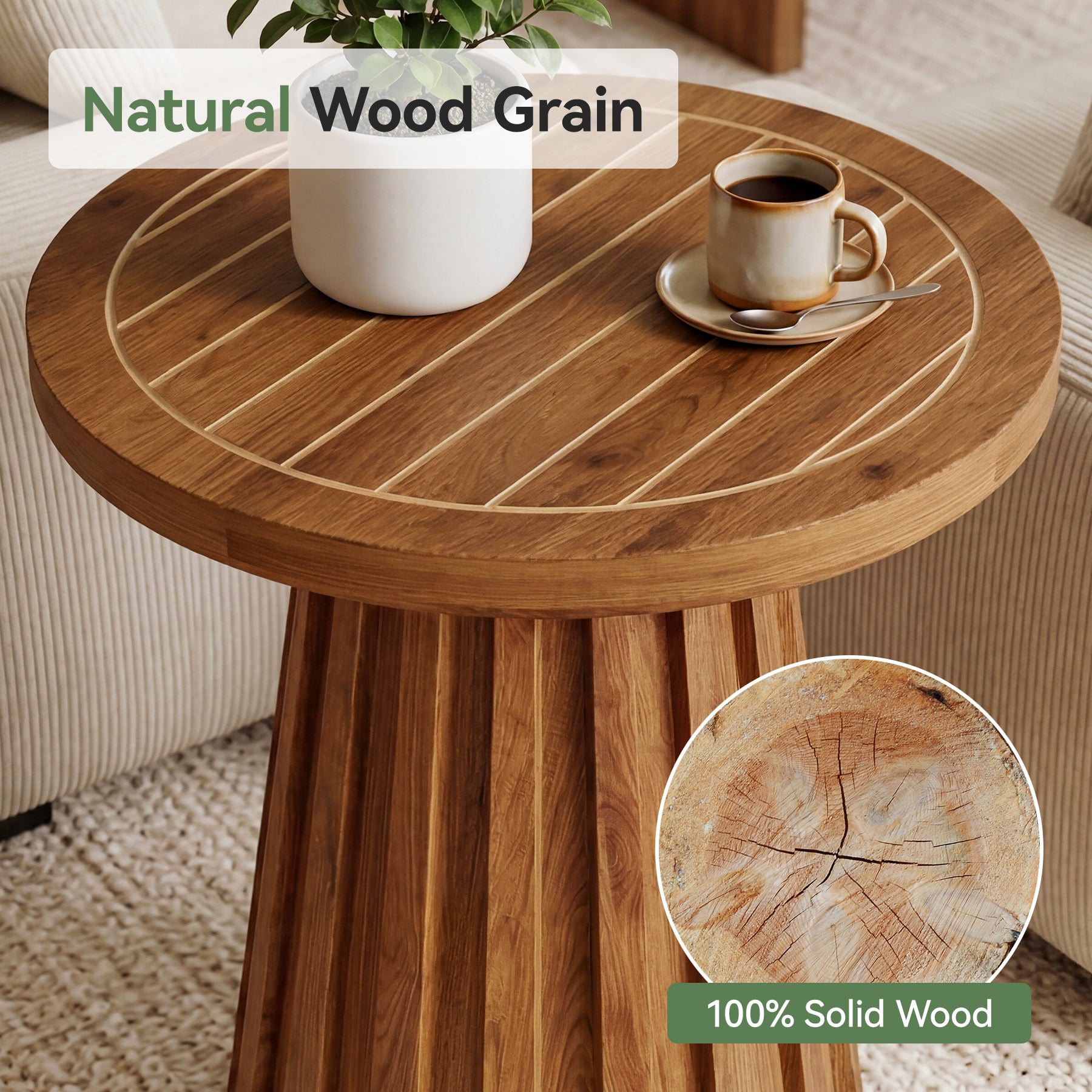 20" Round Side Table, Solid Wood End Table with Fluted Base for Living Room