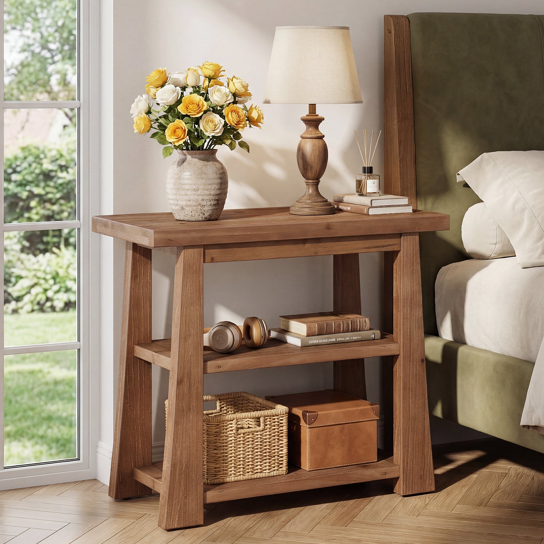 27.5" Wooden End Table, Narrow Nightstand with 3 Tier Storage Shelves for Living Room