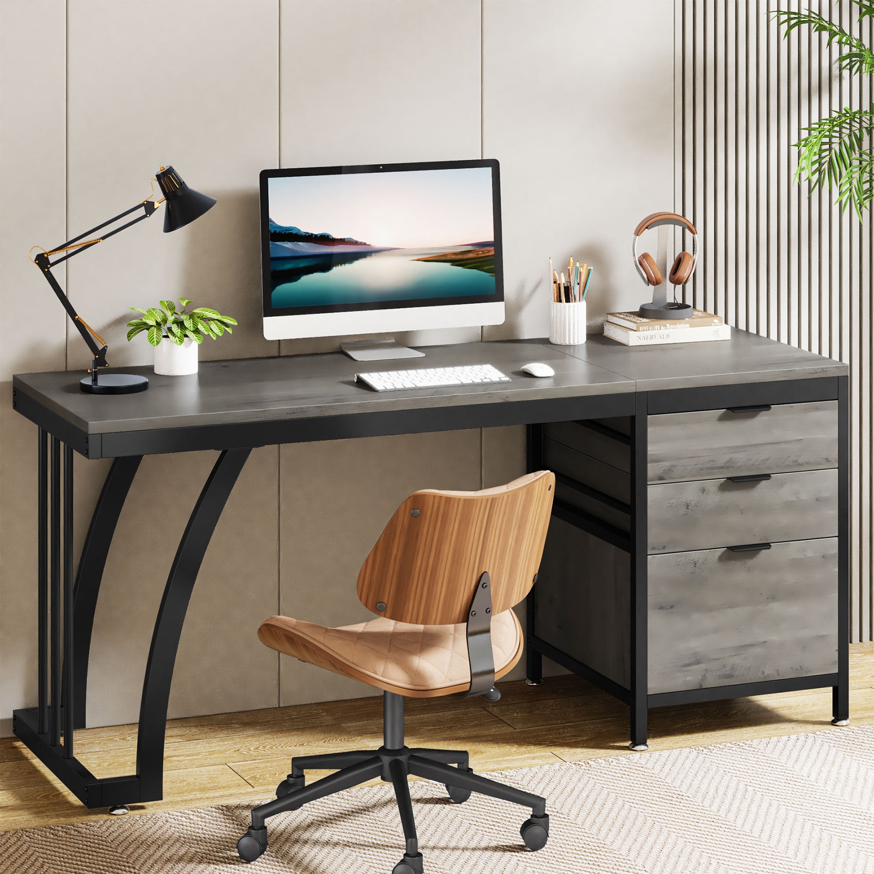 Industrial Computer Desk, 59" Study Desk with Reversible Drawer Cabinet