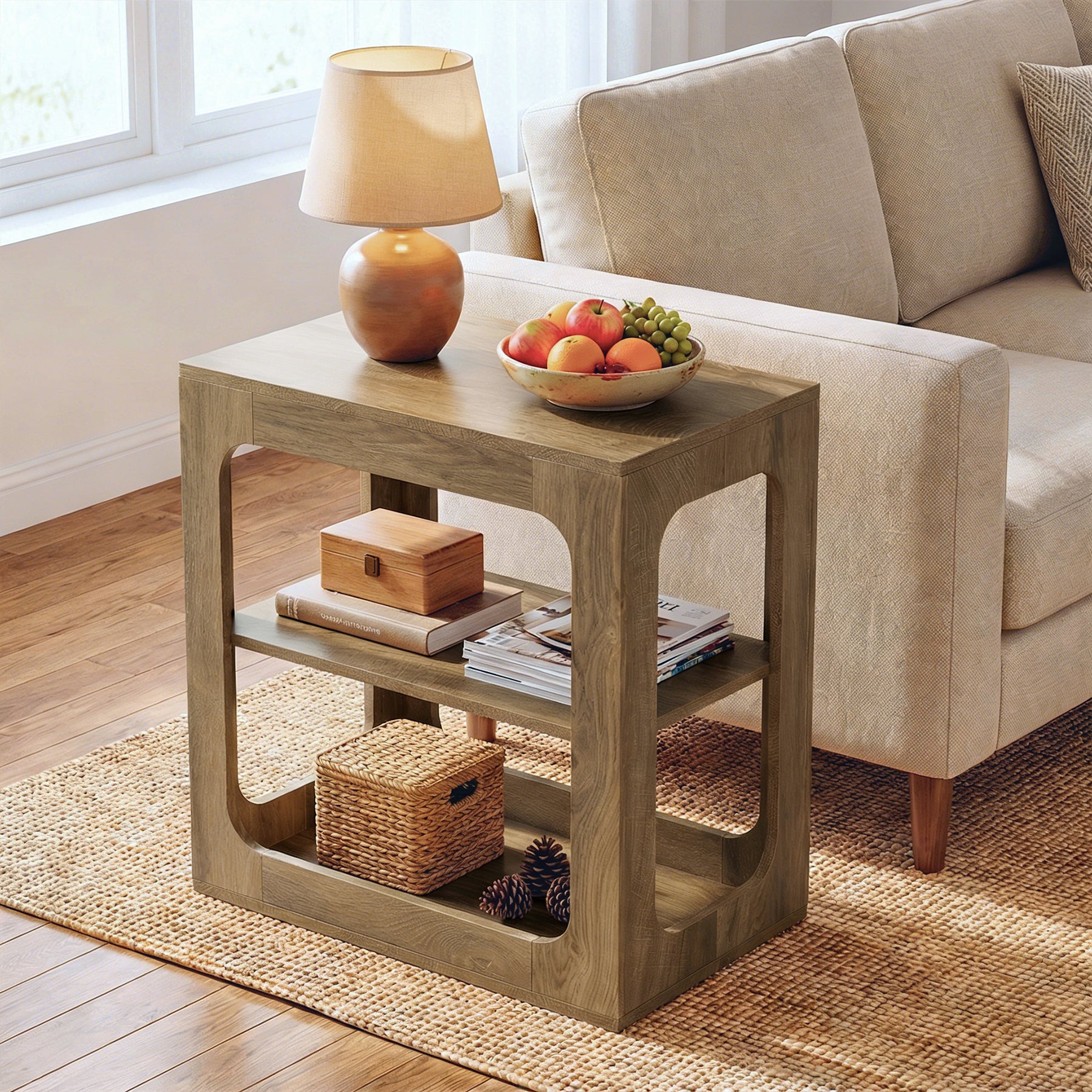 3-Tier End Table with Storage Shelves, Rustic Brown Side Table for Living Room and Bedroom