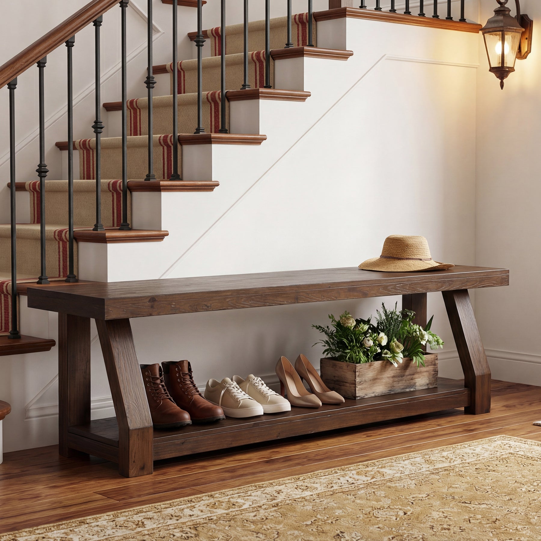 63" Solid Wood Entryway Bench with Shoe Storage, 2-Tier Rustic Shoe Bench for Hallway, Living Room & Bedroom