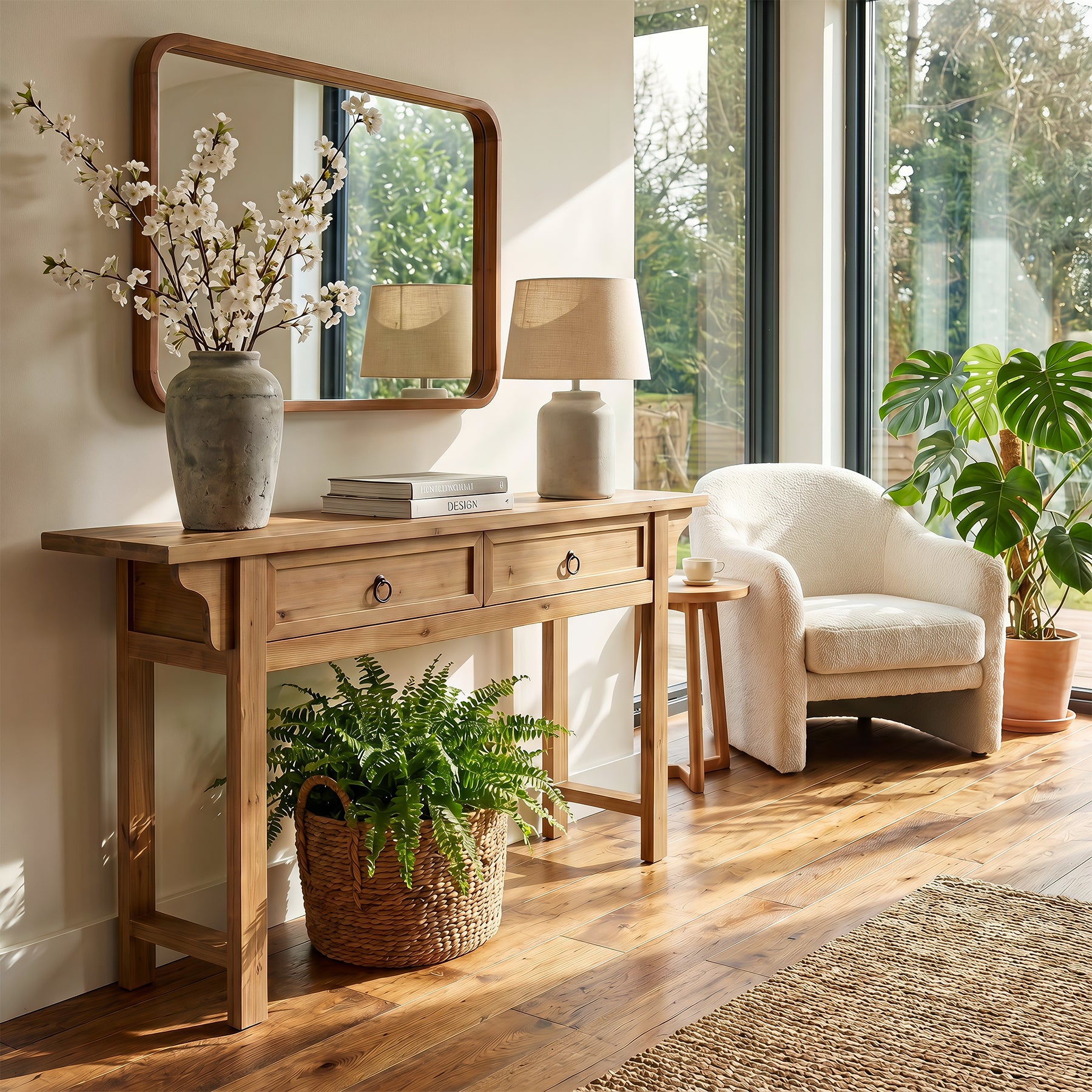 63" Solid Wood Console Table, Farmhouse Sofa Table Entryway Table with 2 Storage Drawers