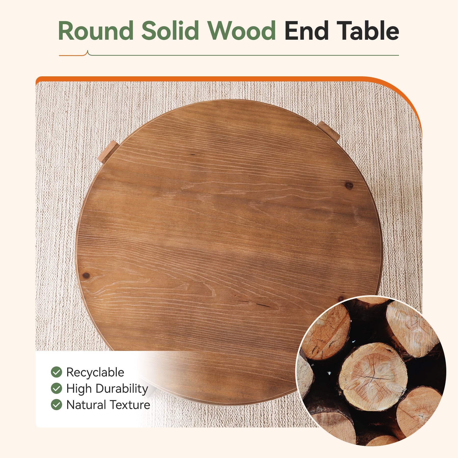 Solid Wood End Table, 2-Tier Round Side Table with Storage Shelf for Living Room, Bedroom
