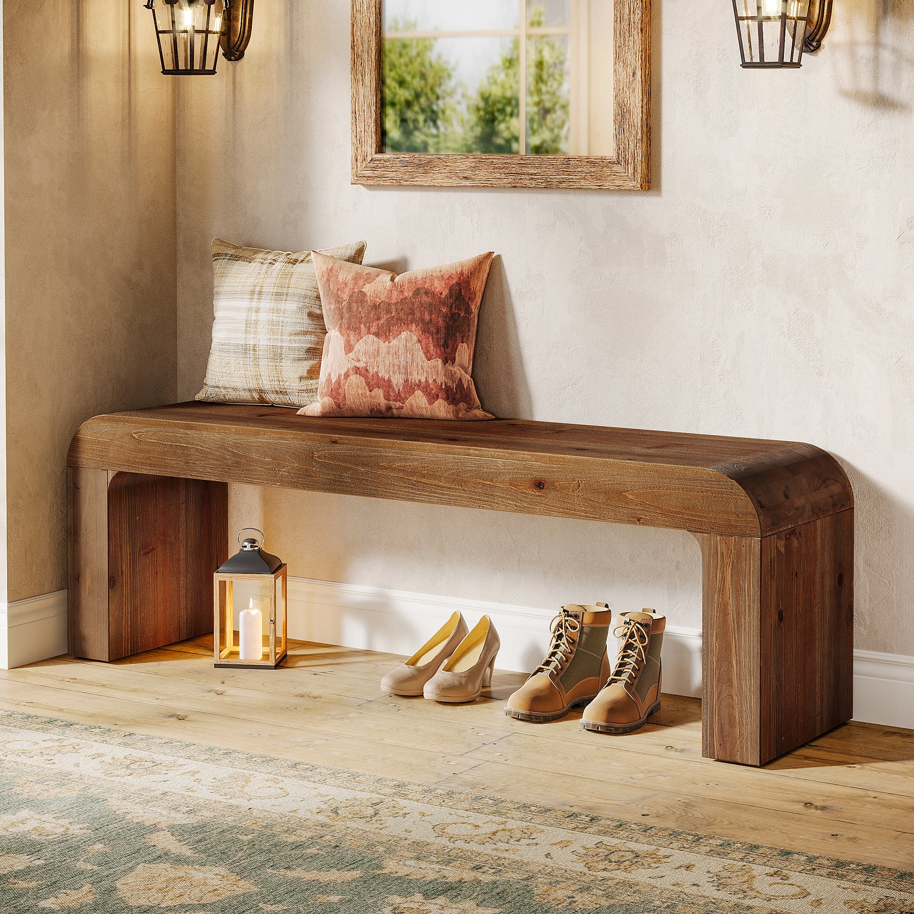 55" Modern Dining Bench, Solid Wood Entryway Bench with Thick Block Seat