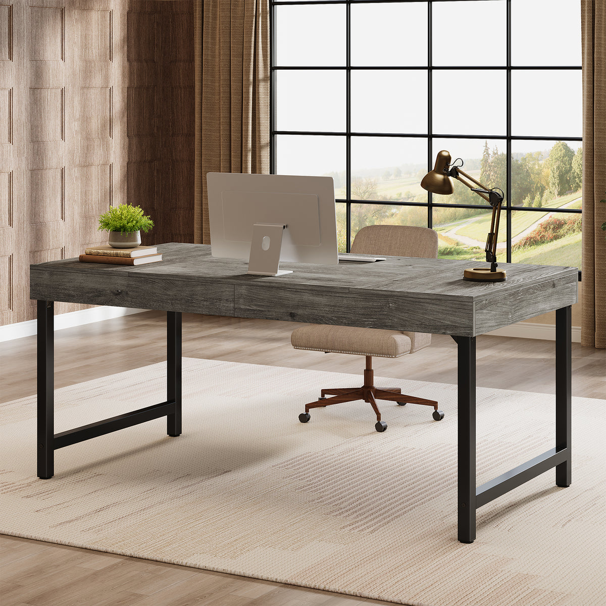 55" Executive Desk, Simple Industrial Desk with Metal Frame