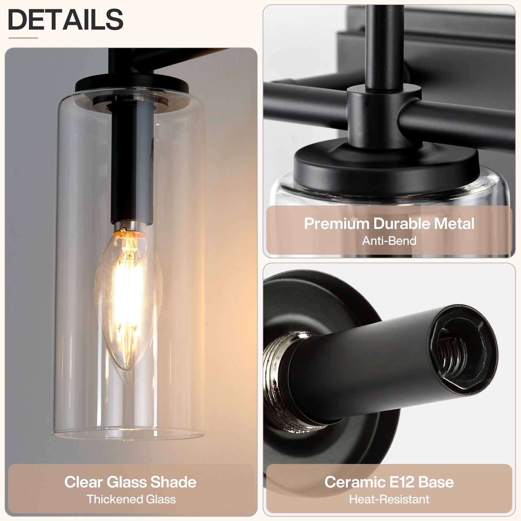3-Light Vanity Light Fixture, Modern Bathroom Wall Sconce with Clear Glass Shades