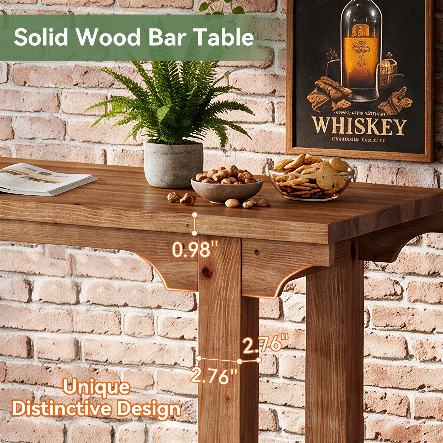 79" Extra Long Bar Table for 6-8, Counter Height Solid Wood Pub Table, Narrow High Top