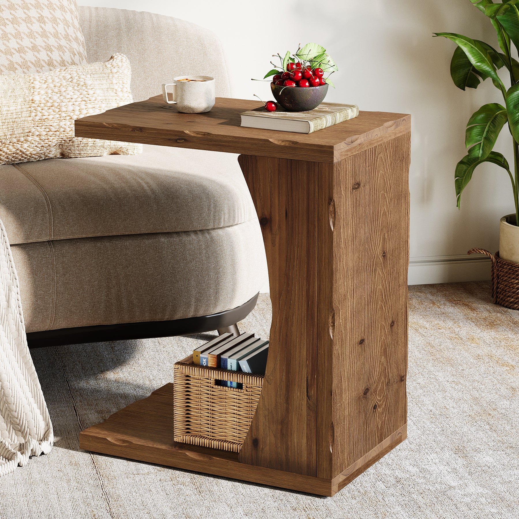 C-Shaped End Table, Solid Wood Narrow Side Table with Storage Shelf