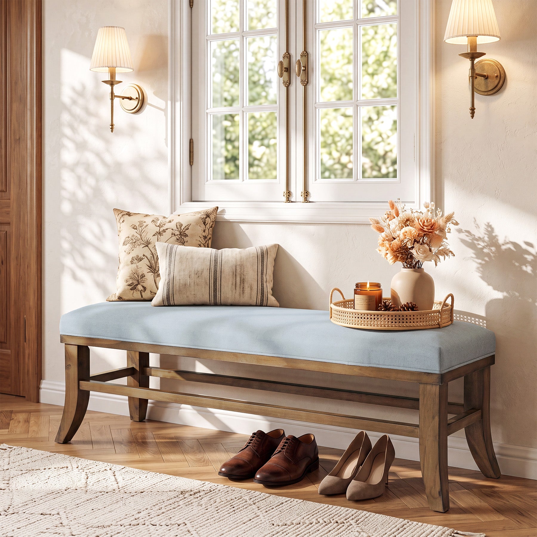55" Upholstered Entryway Bench, Solid Wood Linen Bedroom Bench for Hallway