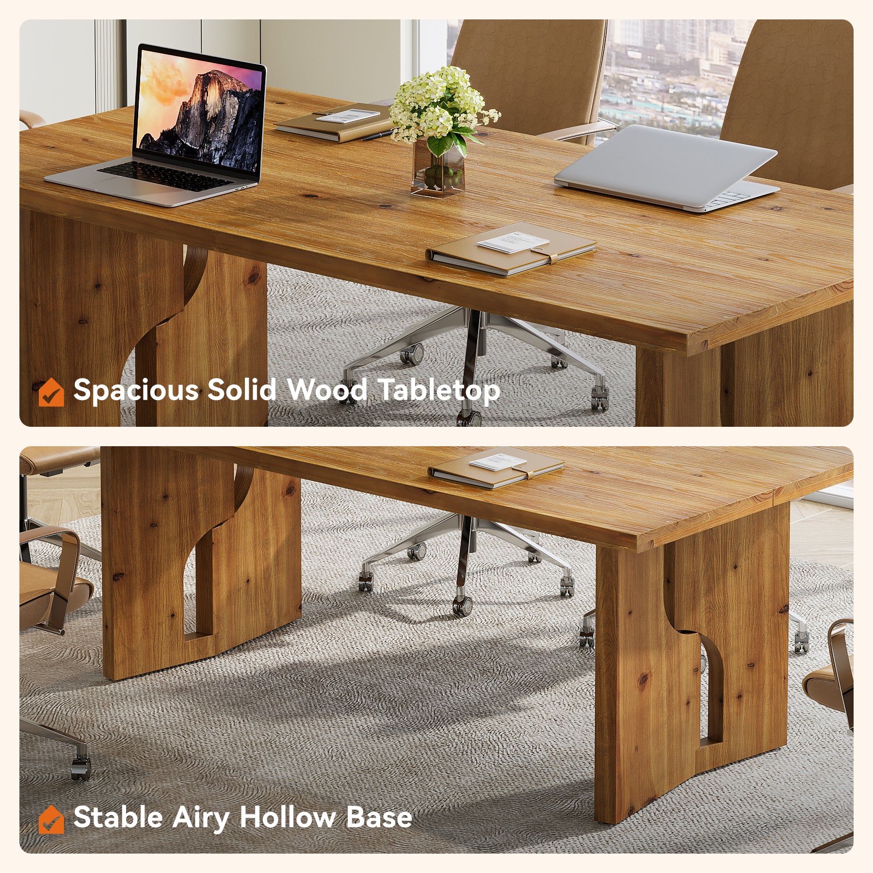 5.25FT Solid Wood Conference Table for 4-6 Users, 63" Executive Desk with Cutout Bases