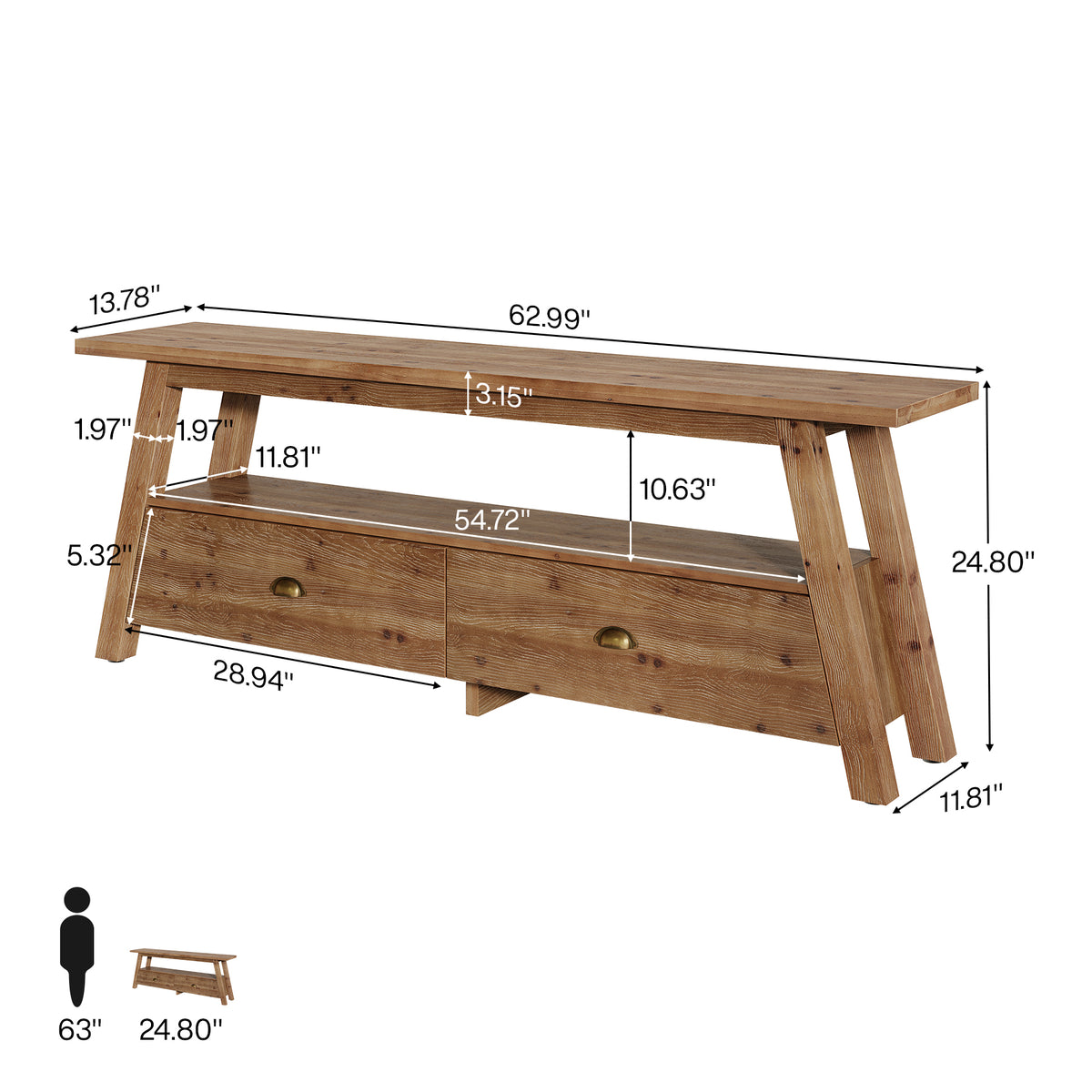 63" Console Table with Drawers, Farmhouse Solid Wood, 2-Tier A-Frame Entryway Table