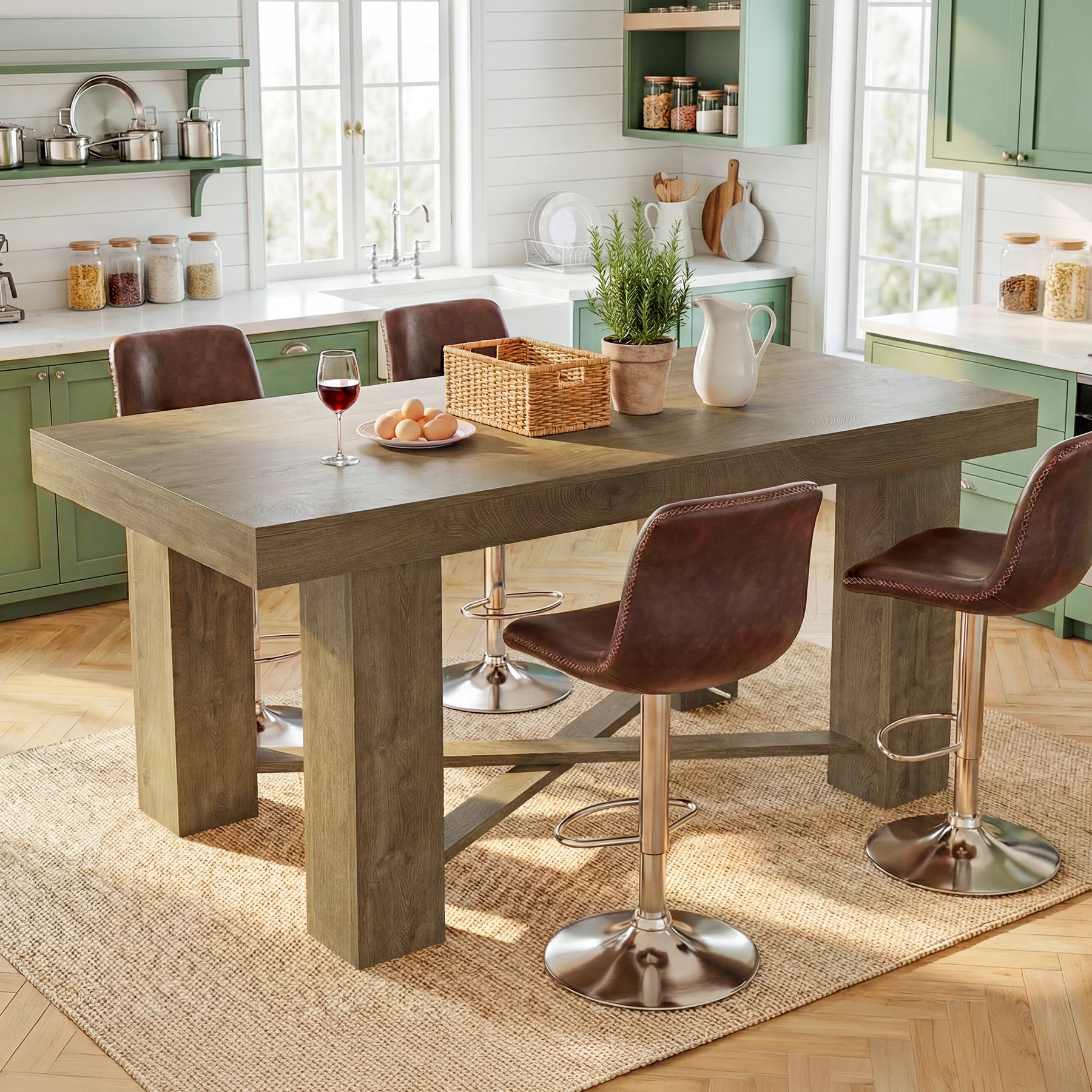 55 Inch Kitchen Island Table Counter Height, Farmhouse Prep Table with Thick Wood Top