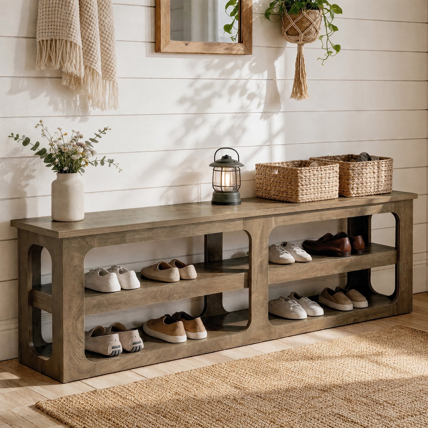 70.87” Entryway with 3-Tier Storage Shelves, Farmhouse Shoe Bench for Hallway