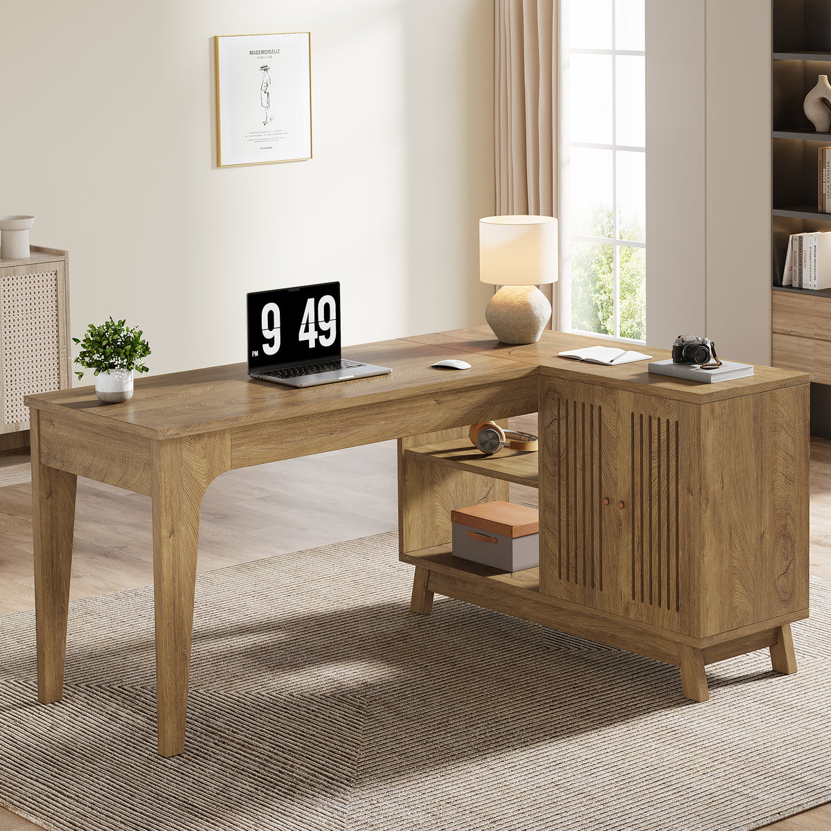 57" L-Shaped Corner Desk, Wood Computer Desk Study Writing Table with Cabinet