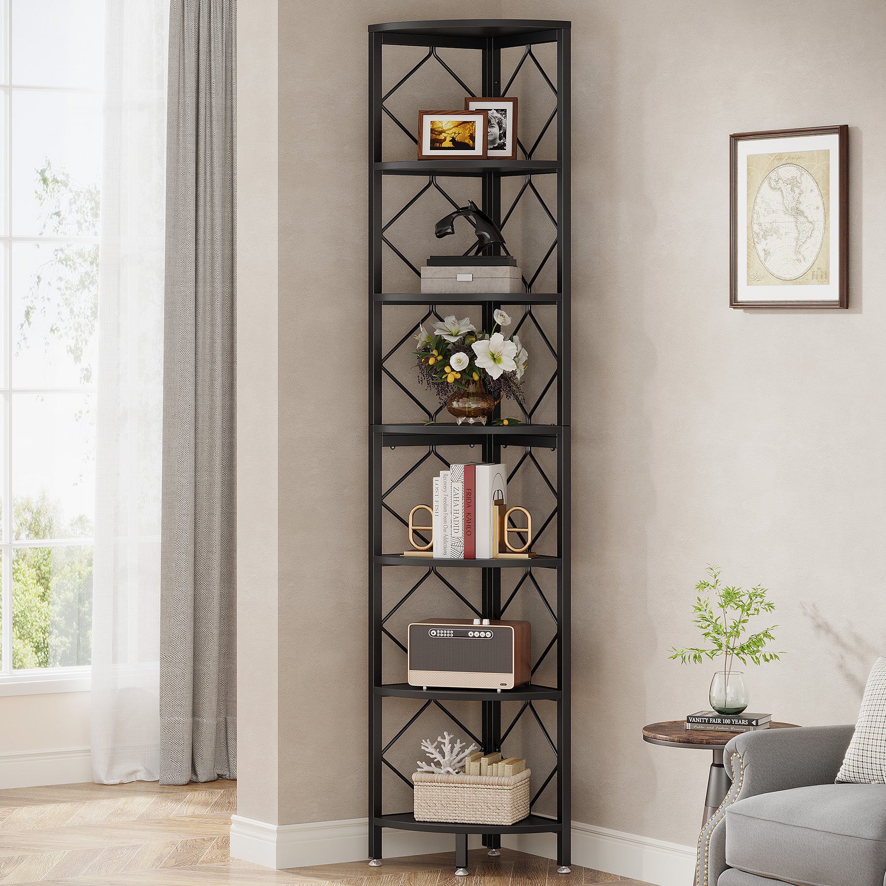 7-Tier Corner Shelf, 78.7" Corner Bookcase Slim Corner Storage Rack