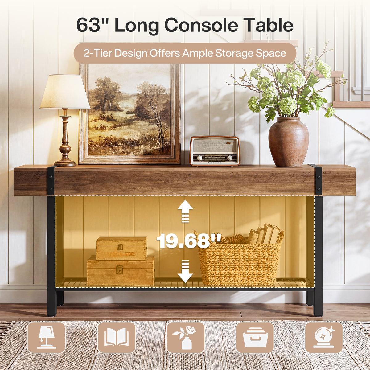 63" Console Table with Storage & Metal Base, Entryway Sofa Table, Hallway Living Room
