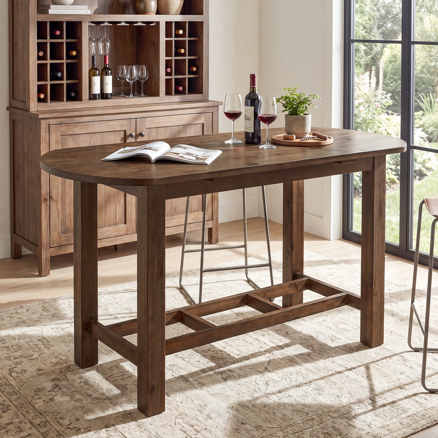 63" Solid Wood Bar Table, Oval Counter Height Pub Table with Footrest