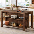 59" Farmhouse Kitchen Island, Solid Wood Dining Prep Table With 2 Open Storage Shelves