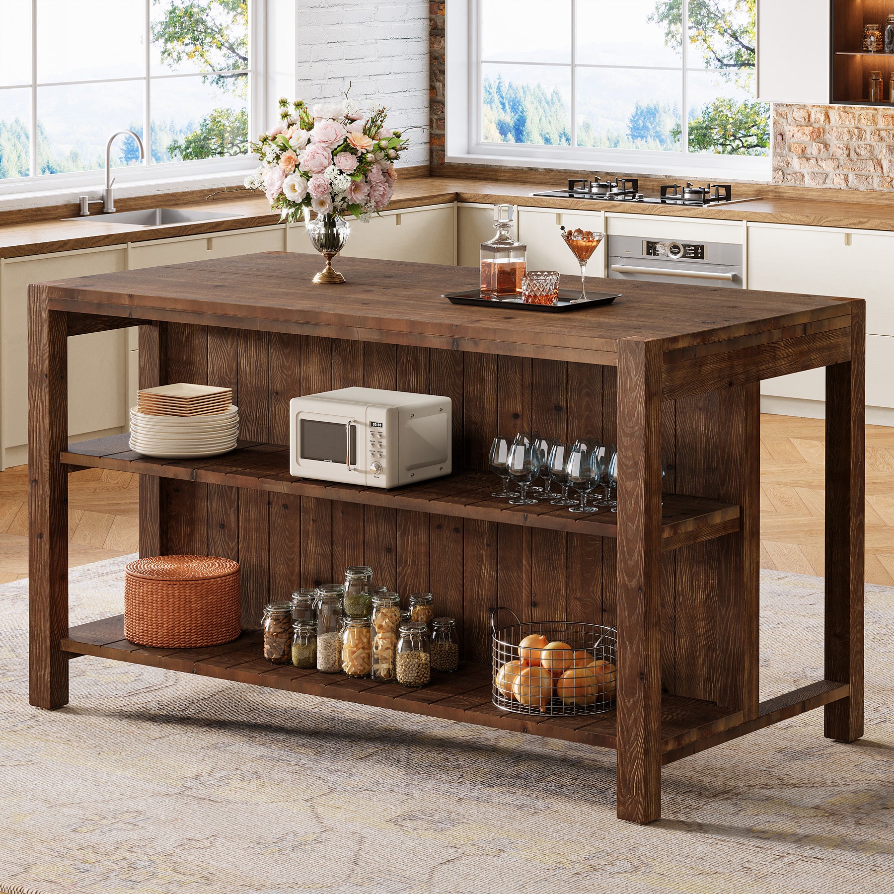 59" Farmhouse Kitchen Island, Solid Wood Dining Prep Table With 2 Open Storage Shelves