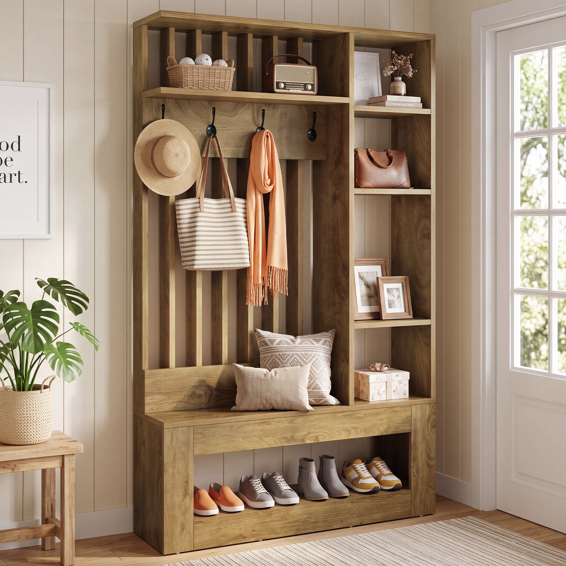 70.8" Tall Hall Tree, 5-in-1 Entryway Bench with Shoe Storage & 5 Storage Cubbies