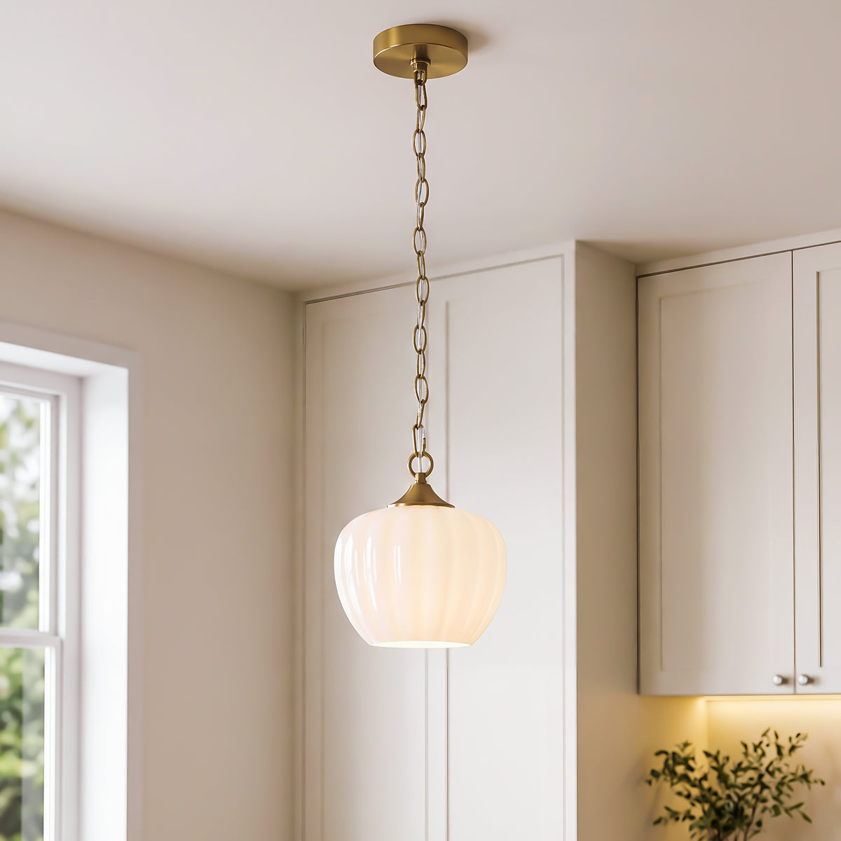 Milky White Ribbed Glass Pendant Light, Brass Adjustable Hanging Light