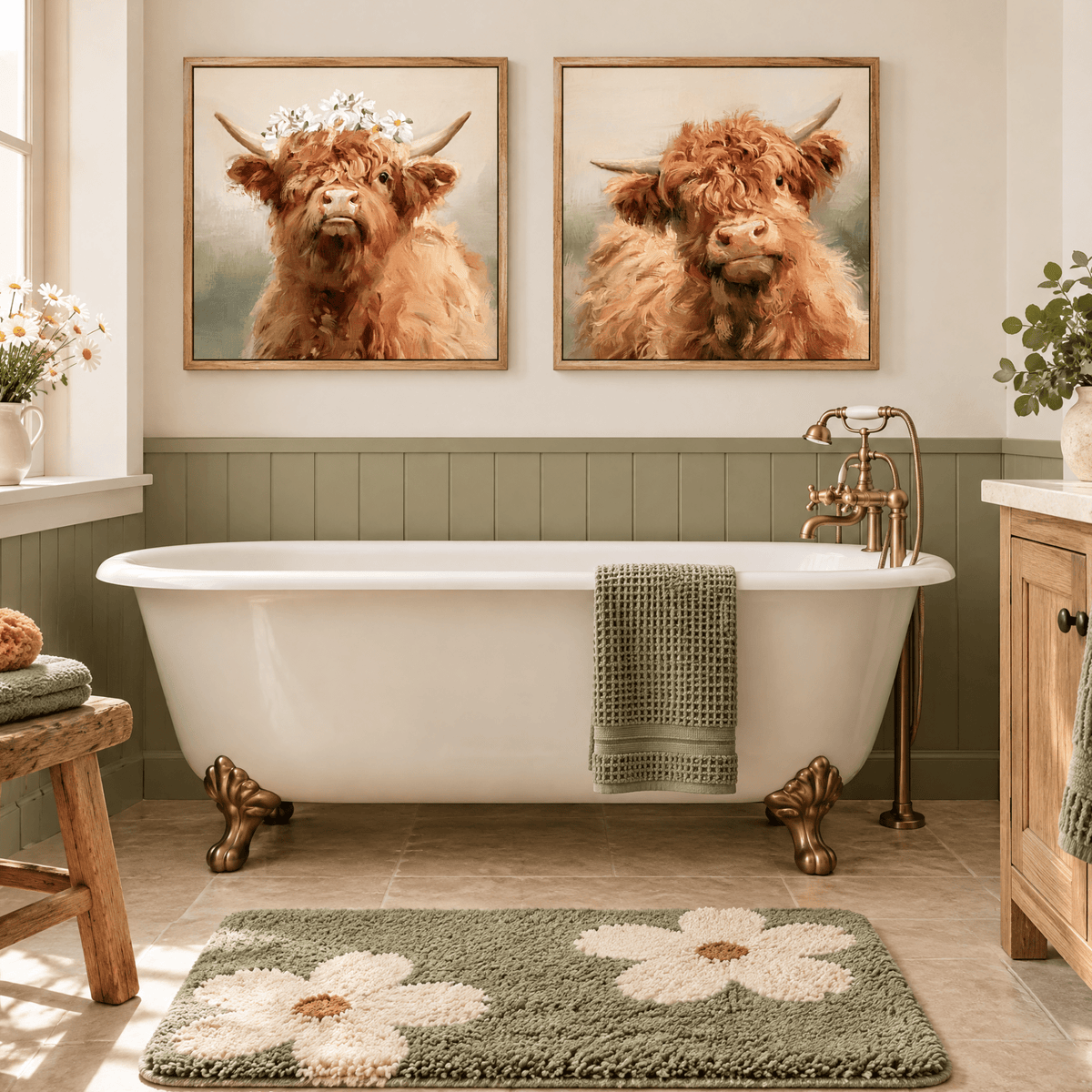 2-Piece 24x24" Highland Cow Wall Art, Farmhouse Framed Canvas Prints