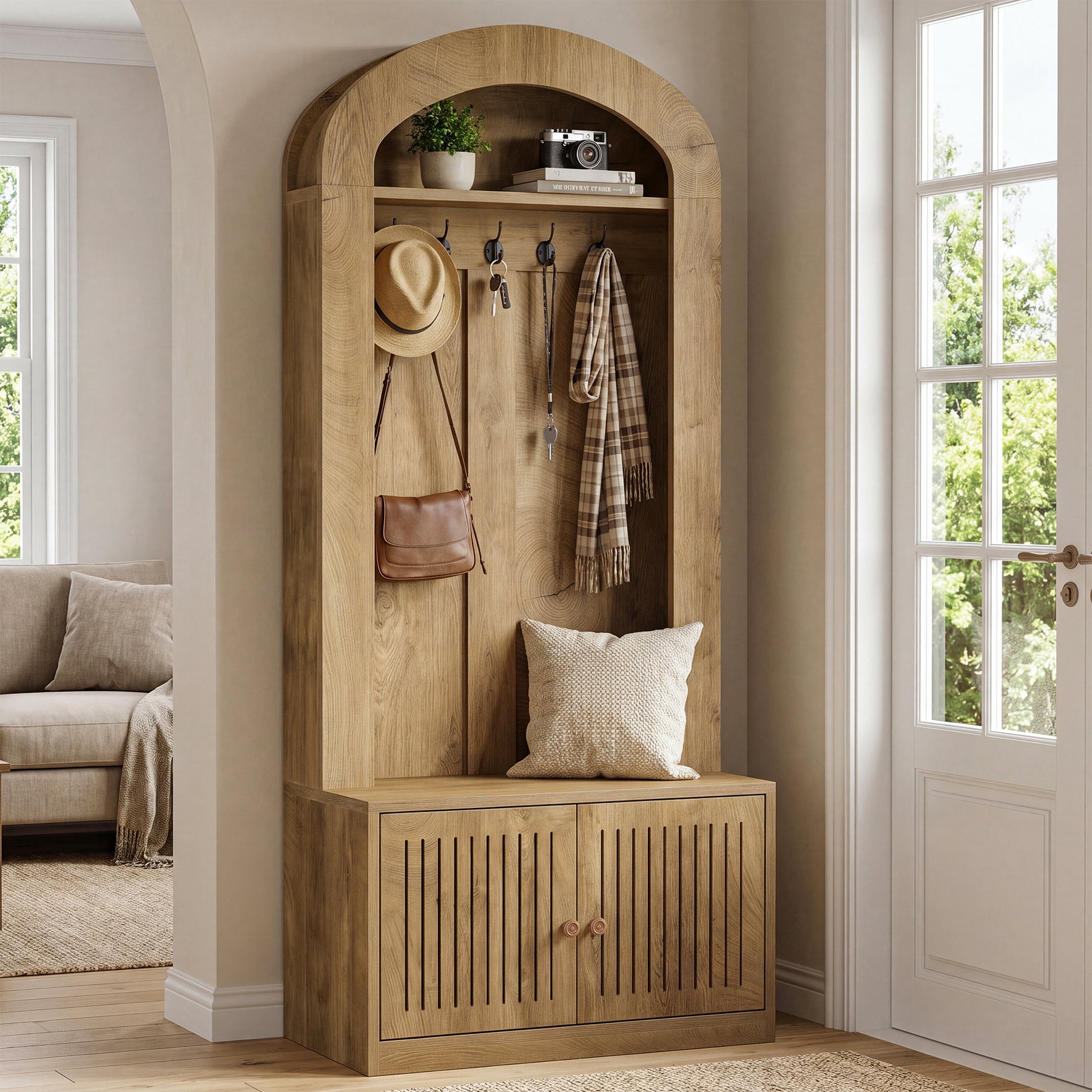 70.9" Hall Tree With Bench and Shoe Storage, 4-In-1 Entryway Bench With Storage Shelves