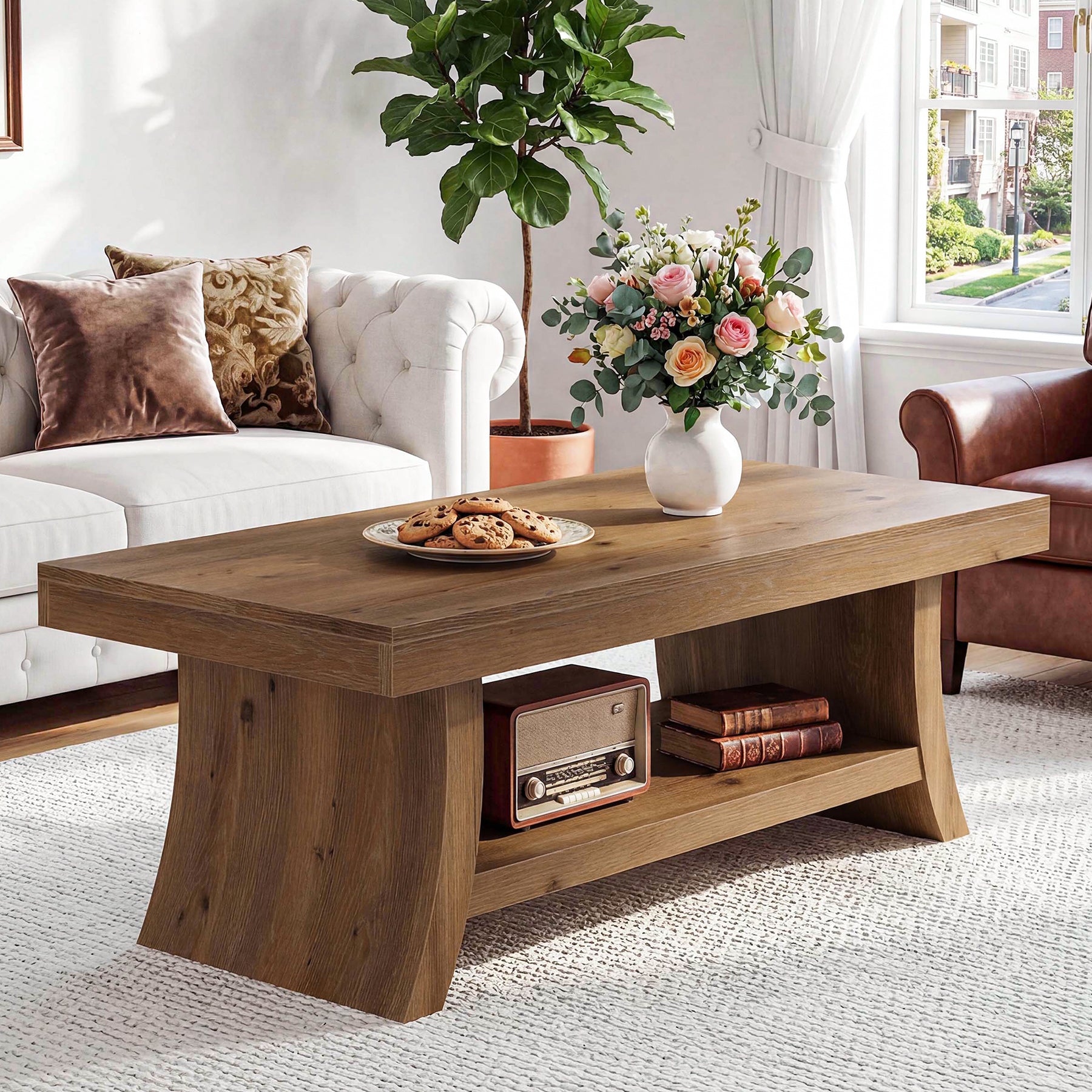 Solid Wood Coffee Table with Storage Shelf, 47.2" Center Table with Curved Base