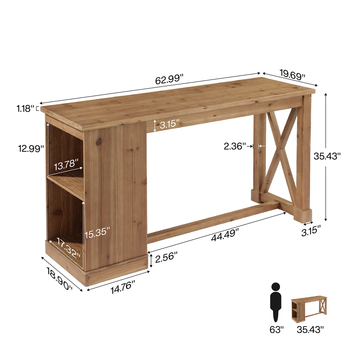 63" Counter Height Bar Table, Farmhouse Solid Wood, Rectangular with 2-Tier Storage