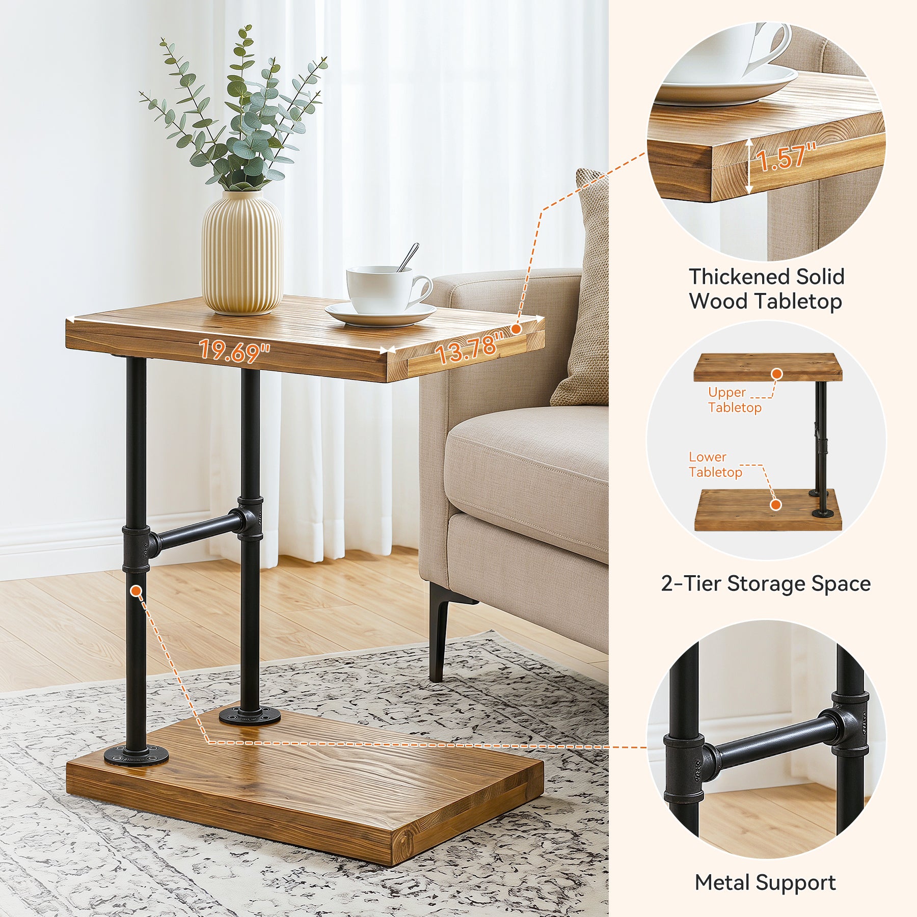 19.7" Solid Wood End Table, 2-Tier Storage Table