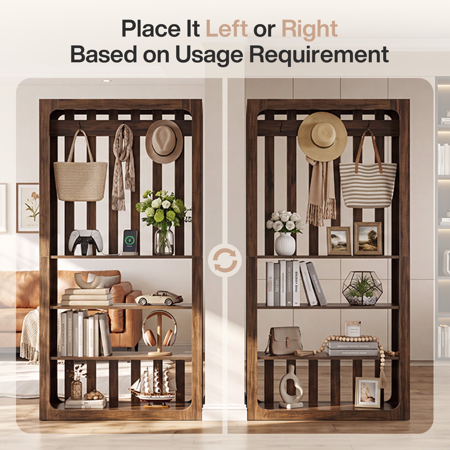 70.9" Room Divider Bookcase with Shelves & Coat Hooks, Freestanding Wood Wall Partition for Home Office