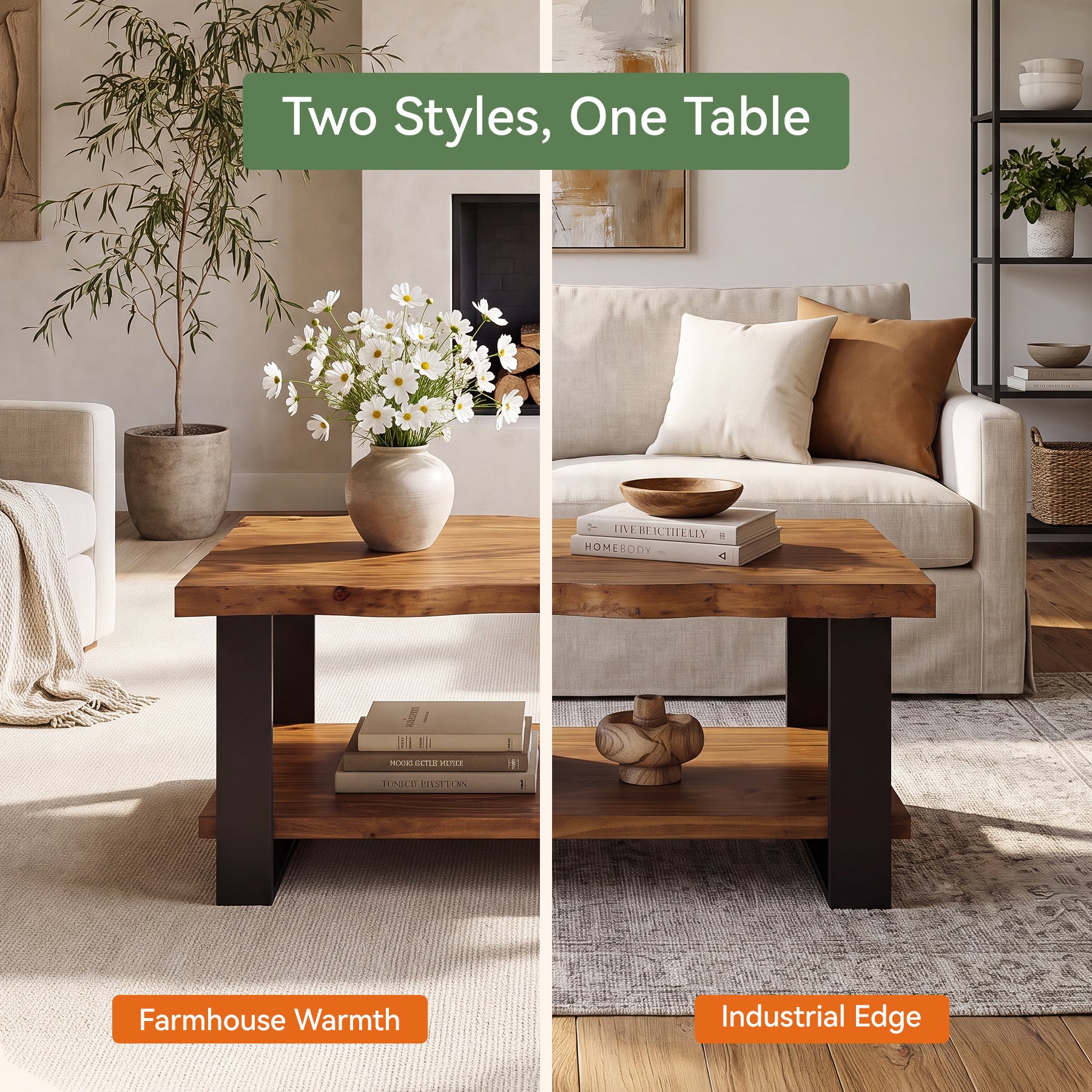 47" Solid Wood Coffee Table, 2-Tier Vintage Center Table for Living Room