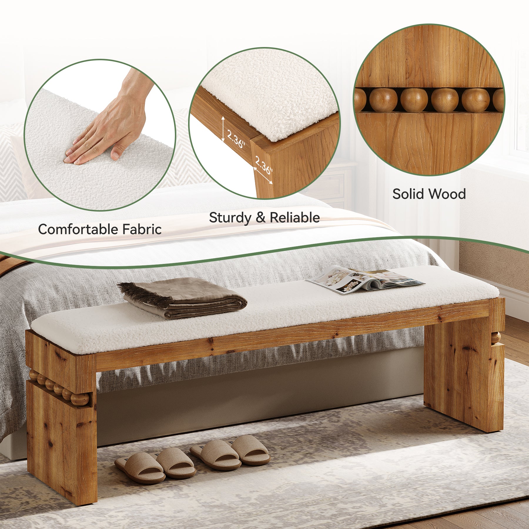 Solid Wood Entryway Shoe Bench, 55" Bedroom Footrest with Removable Cushion