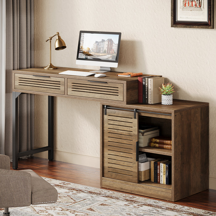 Wooden Computer Desk, Home Office Desk with Reversible Storage Cabinet