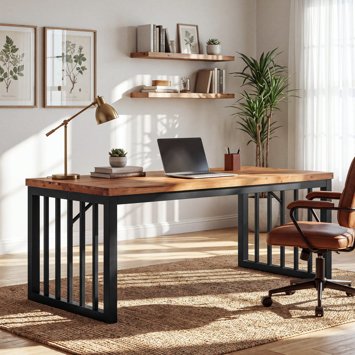 Tribesigns 63-Inch Solid Wood Computer Table, Large Home Office Desk with Metal Frame, Rustic Farmhouse Work Table