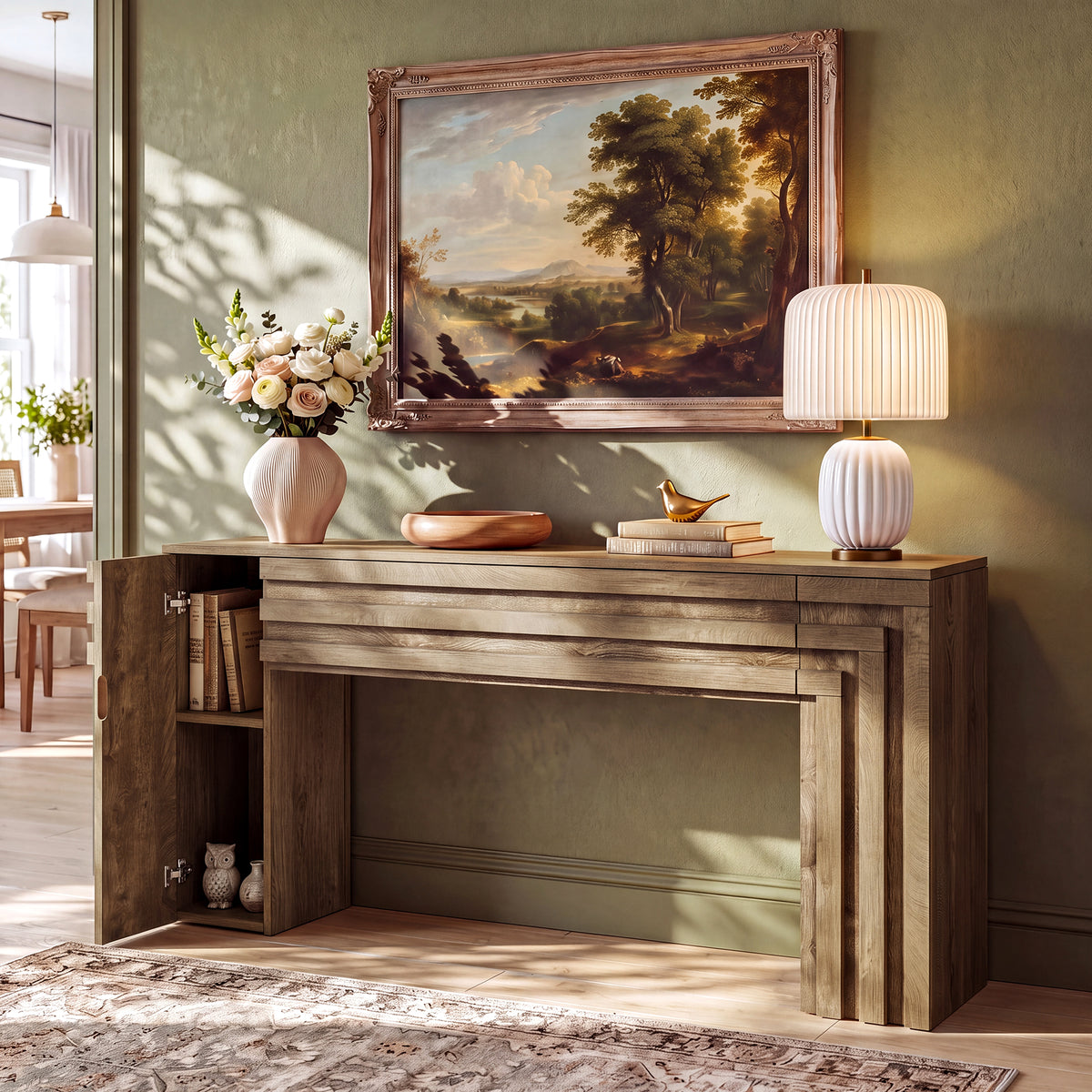 63" Console Table with Storage Cabinet, Entryway Sofa Table with Layered Geometric Frame