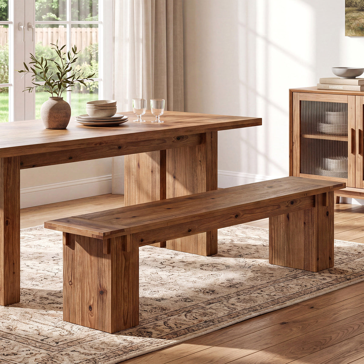 71" Farmhouse Solid Wood Dining Bench with Thick Legs, Kitchen & Dining Room Bench