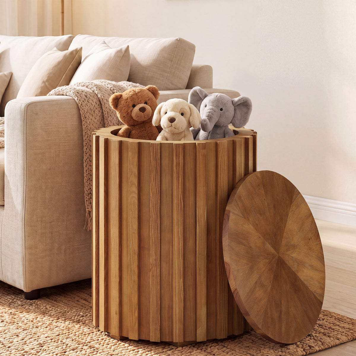 Fluted Round End Table, Solid Wood Cylinder Hidden Storage, No Assembly Nightstand